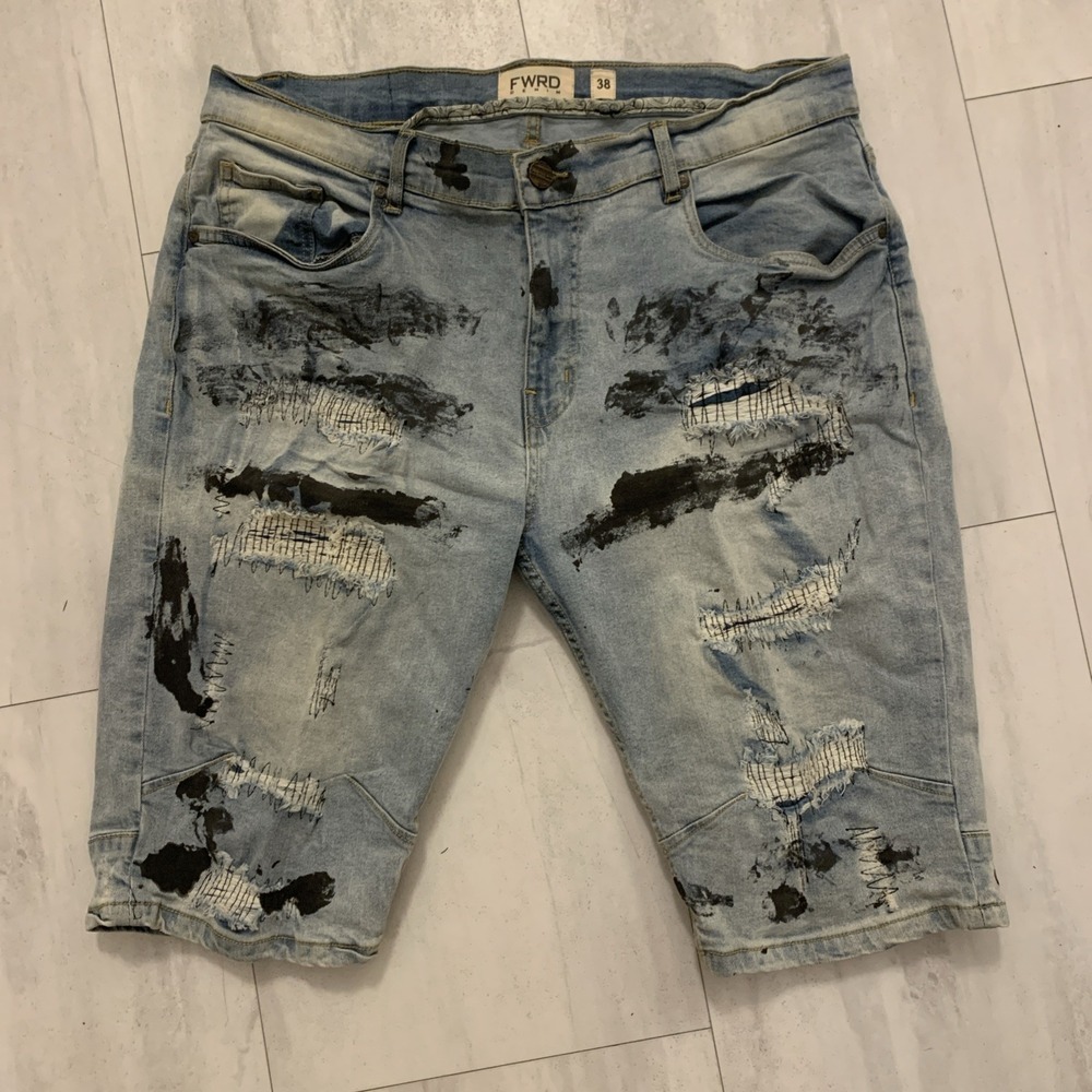 Men Blue FWRD DENIM & CO. Broken Down Biker Shorts Distressed Preowned
